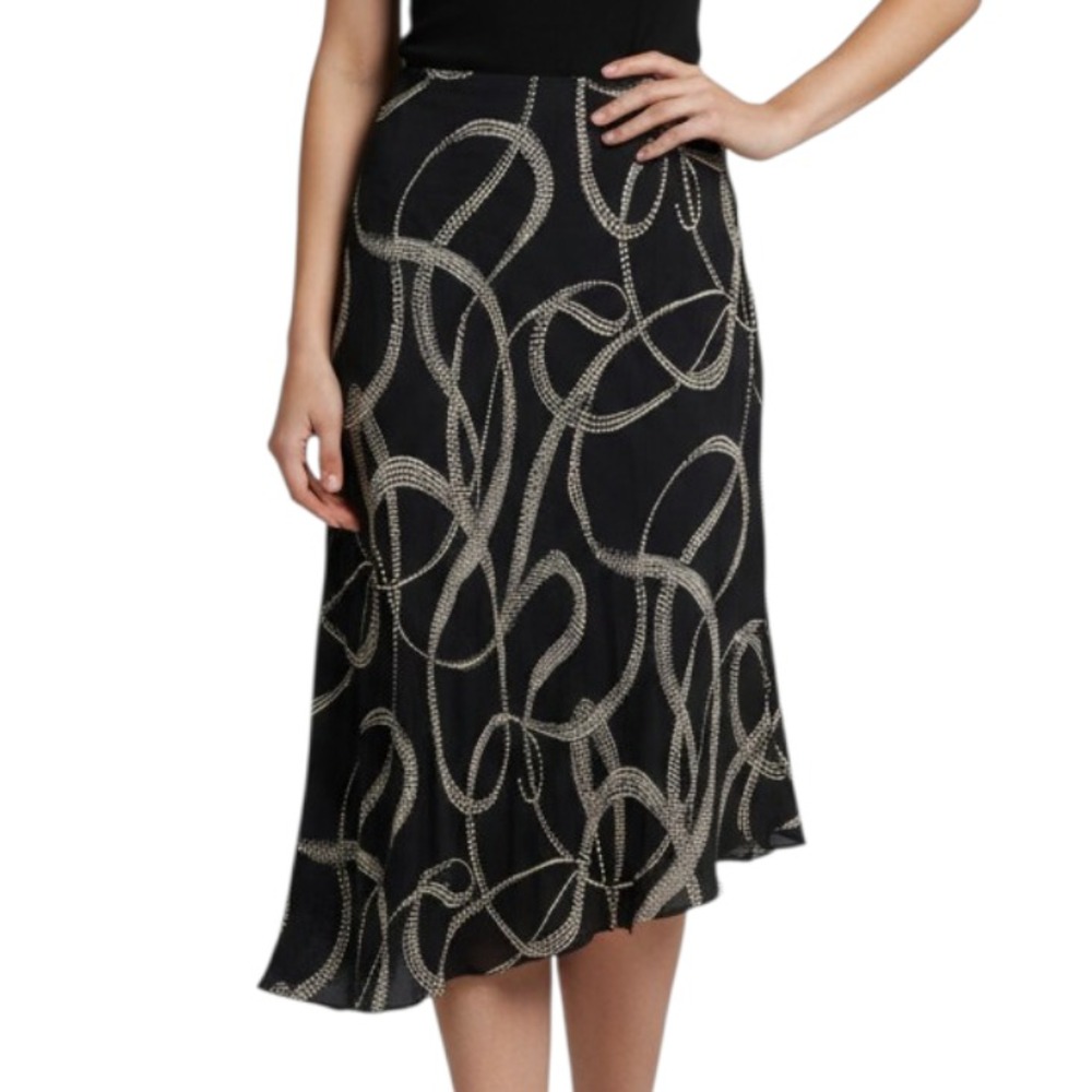 VTG Nygard Asymmetric Midi Skirt LINED SILK CHIFFON Black w/Beige Dot Scrolls 12